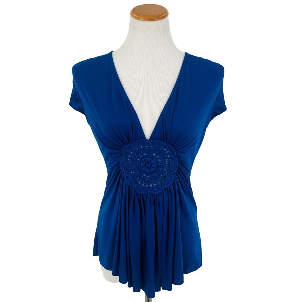 Y2K Royal Blue Deep V-Neck Crochet Accent Boho Top Cottagecore Soft Girl Casual - Picture 2 of 10